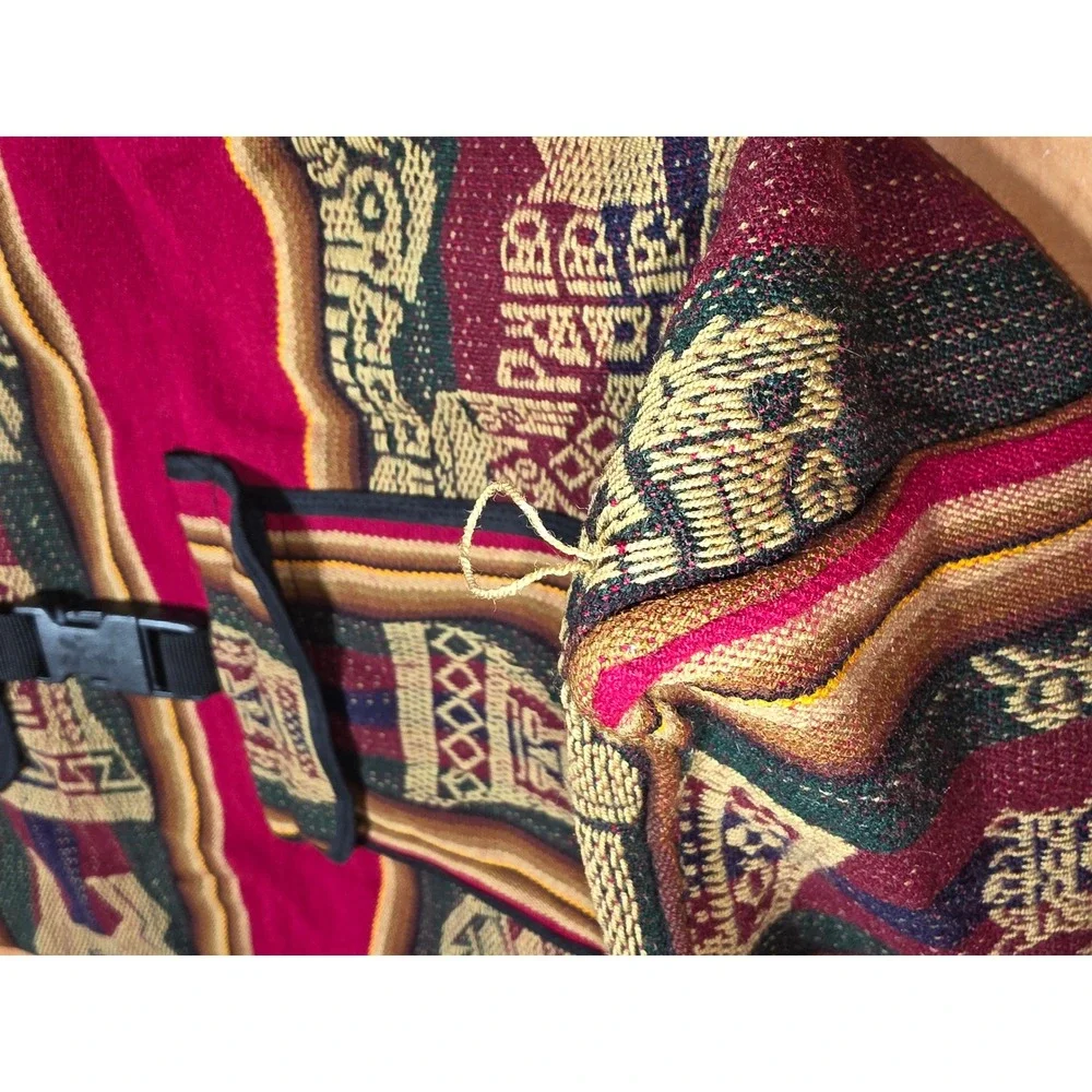 Vintage Andean Woven Tapestry Backpack Burgundy Geometric Tribal Boho Daypack
